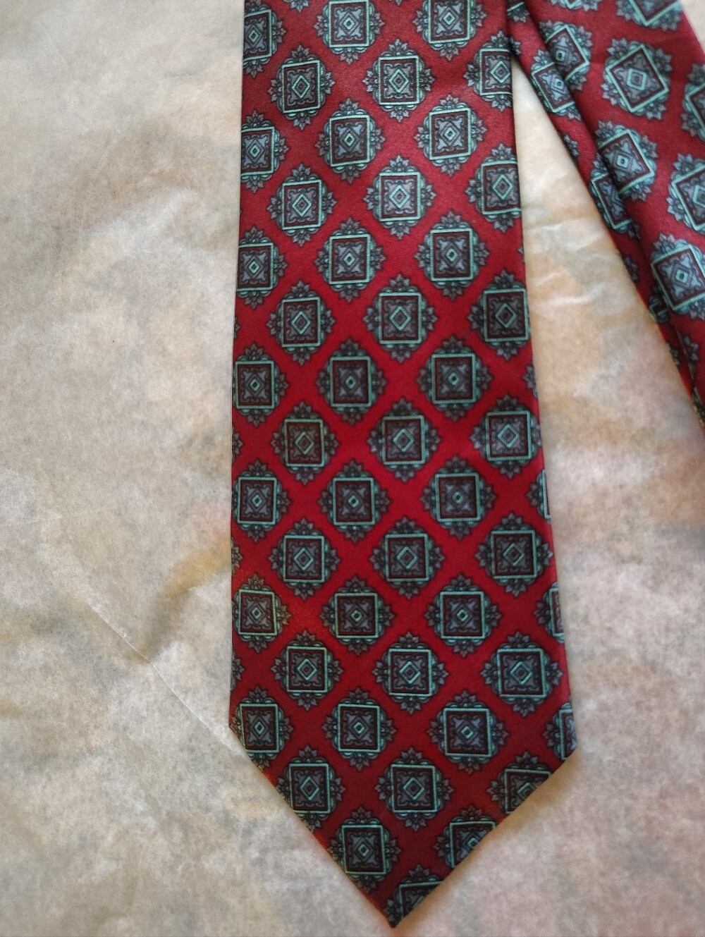 Vintage Ted Lapidus Paris Silk Tie Burgundy Red Teal Blue Geometric Medallion